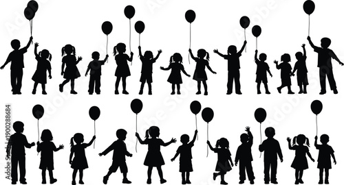 Black Silhouette Vector Set of Happy Children Boys and Girls Holding Balloons for Birthday Party Celebration Childhood Joy and School Event Graphics