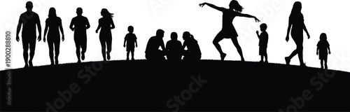 Black silhouettes featuring families and children running playing and sitting on a grassy hill isolated on white background for outdoor leisure design