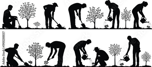 Black silhouettes featuring men and women gardening planting trees and watering plants with cans isolated on white background for backyard landscaping design