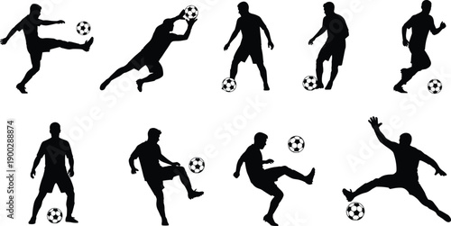 Black silhouettes featuring soccer players in various action poses including kicking dribbling and goalkeepers making saves isolated on white background