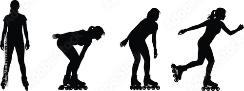 Black silhouettes of athletic women inline skating and rollerblading in various action poses isolated on white background for sports design