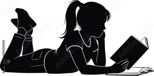 Detailed black and white illustration of a young girl with a ponytail lying down and reading a book on white background
