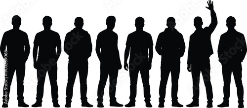 Group of eight diverse men silhouettes standing together in a row with one man waving isolated on white background