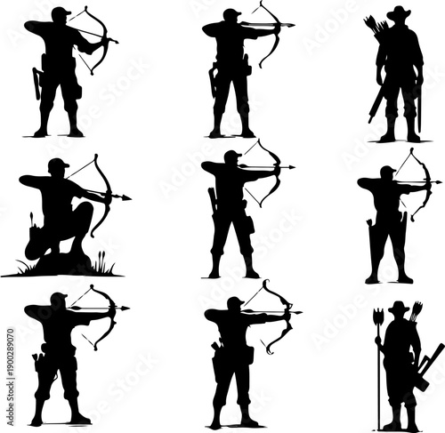 Collection of Archery Silhouettes Showing Men Drawing Bows and Carrying Quivers in Rugged Landscape Settings.