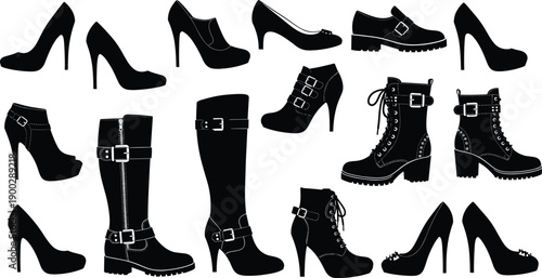 Large collection of black silhouettes featuring various women footwear including high heels boots and stylish shoes isolated on white background