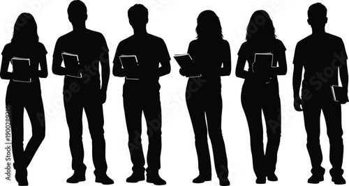 Large group of diverse student silhouettes standing together holding books and notebooks for education and university learning concept isolated on white