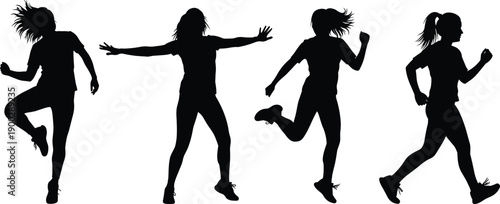 Optimized Title Black silhouettes featuring athletic women running jumping and dancing in activewear isolated on white background for fitness and sports design