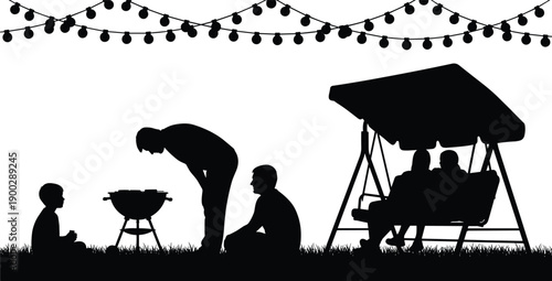 Optimized Title Black silhouettes featuring family members grilling food and relaxing on a garden swing under hanging string lights for backyard leisure design