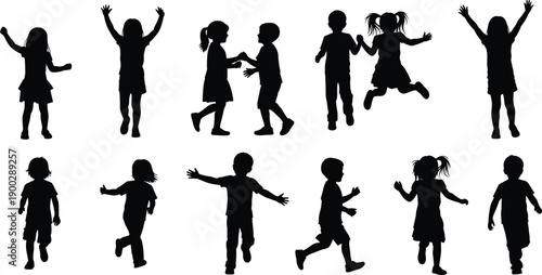 Set of black silhouettes featuring active children jumping running and playing together for childhood happiness and elementary school education concept
