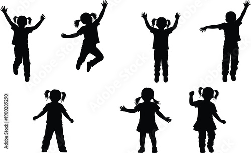 Set of black silhouettes featuring happy young children jumping and cheering for childhood joy and elementary school activity concept isolated on white