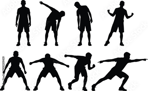 Set of eight black silhouettes featuring active men in various athletic poses including stretching celebrating and pointing isolated on white background