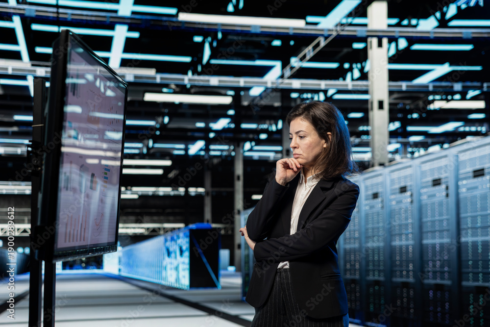 Fototapeta premium Data center system administrator looking at equipment audit benchmarks on display. Manager in high tech enterprise server room checks configuration reports on monitor for accuracy