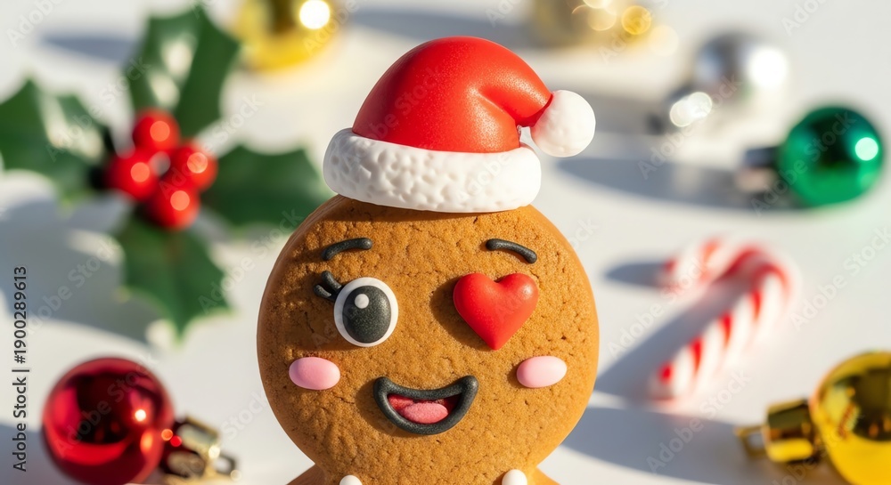 Fototapeta premium Gingerbread man with Santa hat and holiday decorations