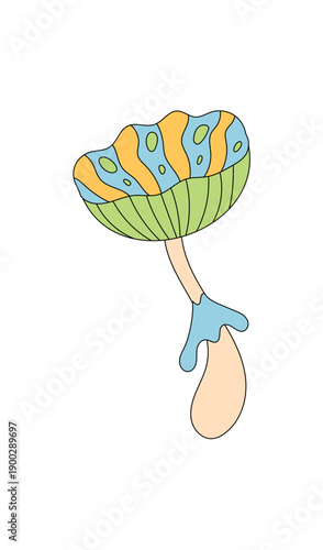 Groovy psychedelic mushroom sticker cartoon in a colorful retro and funky trippy magic style. Groovy element with y2k flair, this mushroom design adds a playful and unique touch. The sticker uses