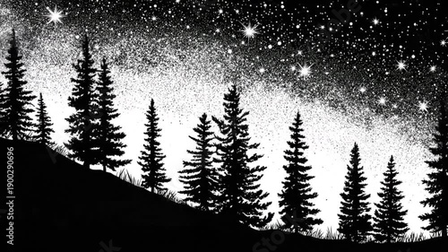 Black and white illustration depicts a starry night sky above silhouetted evergreen trees on a hill