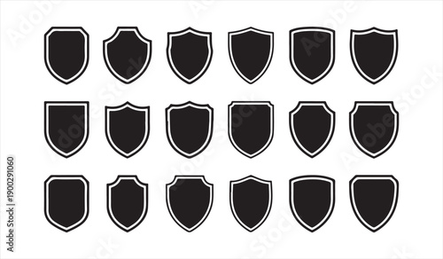 Shield badge silhouette icon set for security and protection