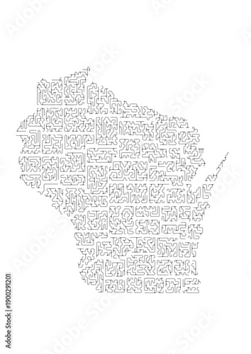 Abstract Wisconsin Map Vector Illustration Organic Line Art Geography Topography Contour Design Minimalist Modern Wall Decor Print North America USA United States Border Isolated Drawing Sketch Ink