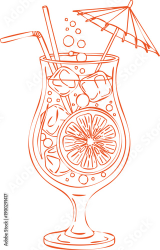 Tall hurricane glass filled with refreshing cocktail and ice, orange outline