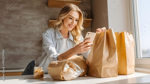 Smiling woman uses a smartphone while unpacking snacks from paper bags in a brightly lit room. She leans on a white table with shelves in the background, radiating cheerful energy