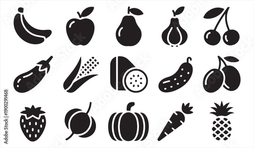 Fruit and vegetable silhouette icon set with fresh produce symbols