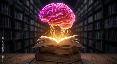The illuminated human brain transmitting powerful knowledge and creativity into an open book with electric energy in a dimly lit, scholarly library setting.