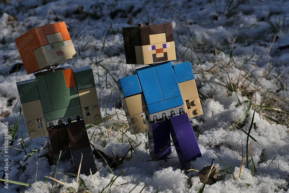 Obraz premium Minecraft action figures of Steve and Alex walking on garden lawn covered with first winter snow, partially sunlit by afternoon sunshine, partially hidden in shadows of naked tree branches. 
