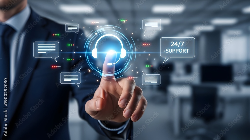 Fototapeta premium A businessman accessing 24/7 customer support in a modern office