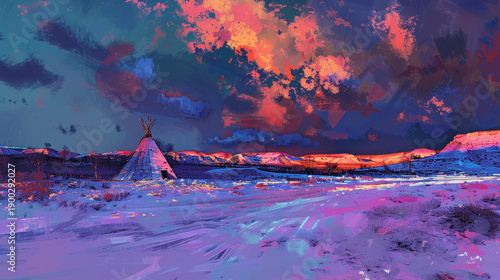 A vibrant winter landscape depicting traditional teepees covered in snow. 