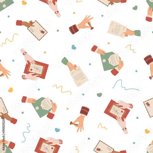 Flat mail seamless pattern background with letter, envelope, paper, post, and handwritten message motif. Hold correspondence and seamless mail concept highlight flat style pattern, creative paper