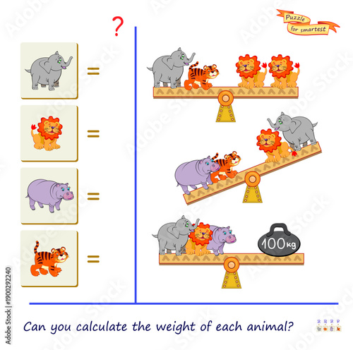 Can you calculate the weight of each animal? Mathematical logic puzzle game with swing for smartest. Page for kids brain teaser book. Develop counting skills. Hand drawn vector illustration. IQ test
