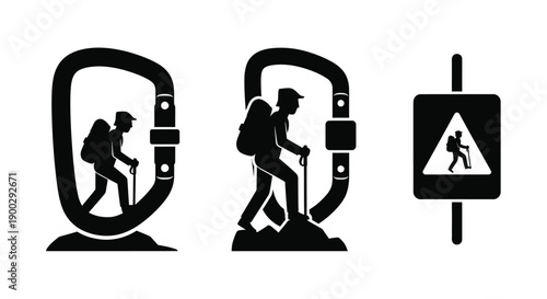 Hiking symbols and a pedestrian crossing sign black silhouette