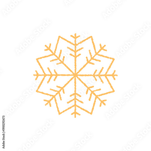 Chalk snowflake symbol in orange captures winter icon style. Frost and crystal snow flake decoration with ice and cold element. Ideal for christmas graphic seasonal illustration.