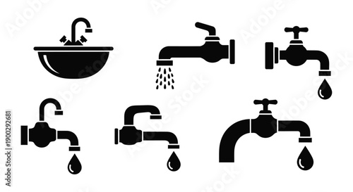 Various water tap designs and fixtures in black silhouette