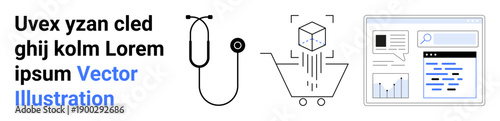 Healthcare, e-commerce, data analysis, digital tools, technology solutions, innovation. a stethoscope, a cube in a shopping cart and a data interface. Healthcare and e-commerce