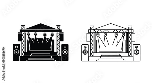 Two stage designs one solid and one outlined in black and white silhouette