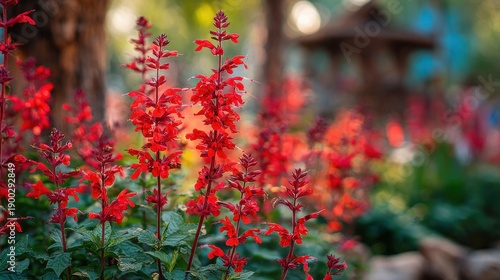 Wallpaper Mural Vibrant red salvia flowers in a garden setting, highlighting ornamental planting for landscape design. Torontodigital.ca
