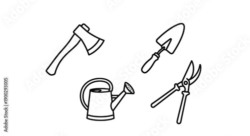Gardening tools depicted in minimalist black outline silhouette