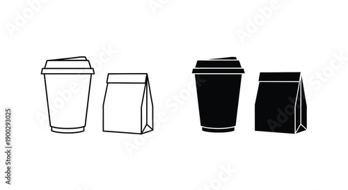 Coffee cup and paper bag outlines contrasting black and white silhouette