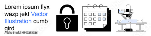 Security, technology, healthcare innovation, scheduling, robotic automation, data management. Locked padlock, calendar robotic surgery setup. Security and technology in modern healthcare