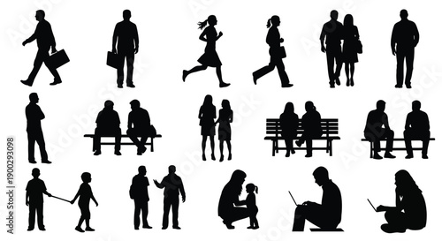 Diverse group of people in motion depicted as a black silhouette