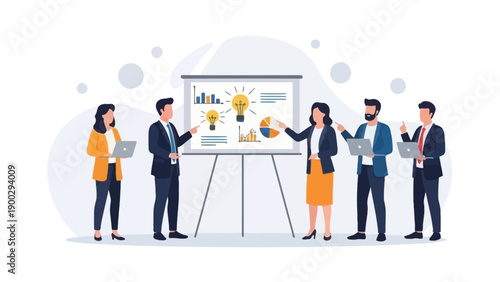 Business meeting with presentation board, team collaboration, idea generation, strategy planning