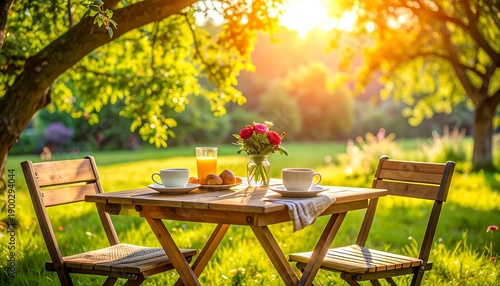 A sun-drenched outdoor scene features a wooden table set for two with coffee, juice, pastries, and roses, inviting a serene moment