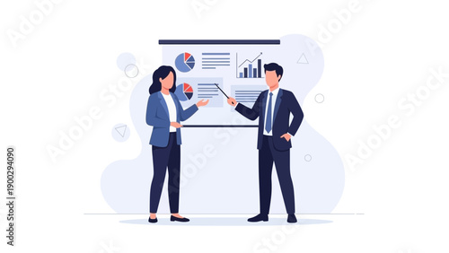 Business partners presenting financial data on a whiteboard with charts and graphs