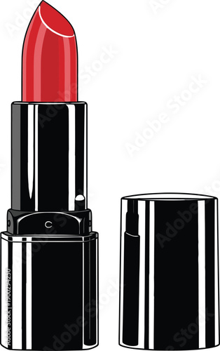 Bold red lipstick with an open cap, showcasing its texture and ready for use in makeup tutorials or beauty campaigns; elegant and alluring.