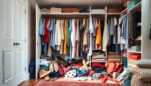 A full, overflowing wardrobe with clothes spilling out onto the floor, wardrobe,  hanger