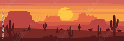 desert western horizon sunset composition with sun and cacti