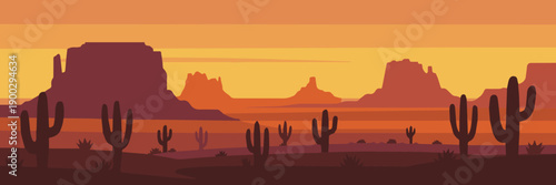 desert landscape vector showing sun horizon cacti and buttes
