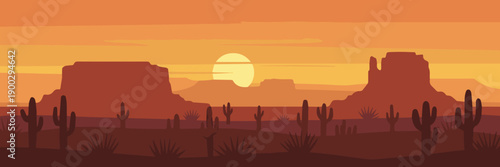 desert sunset illustration with cacti mesas and layered silhouettes