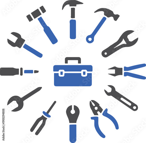 tool icon circle with toolbox and hand tools vector set
