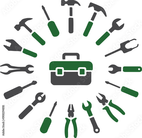 tool toolbox and circular tool icons for repair and diy